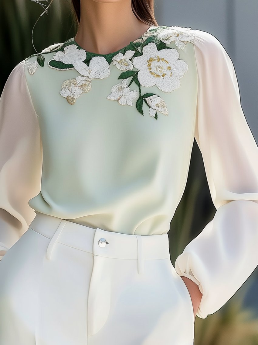 Round Neck Light Green Shirt With Flower Embroidery