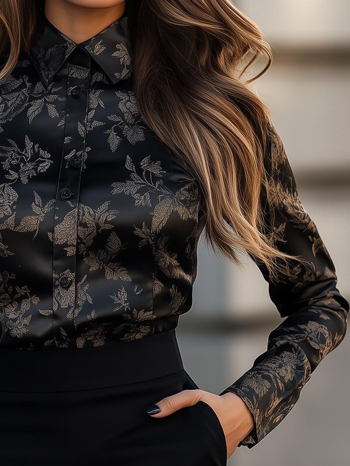 Black Floral-Print Satin Blouse