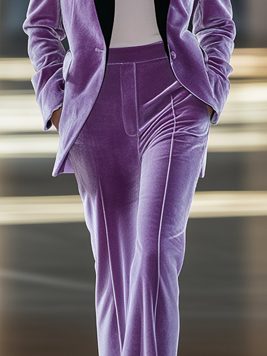 Cream Purple Velvet Pants With Dark Purple Collar