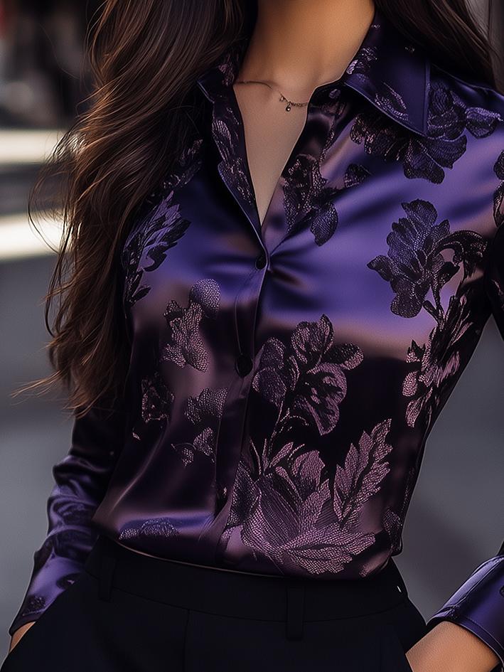 Purple Dark Floral-Print Satin Blouse