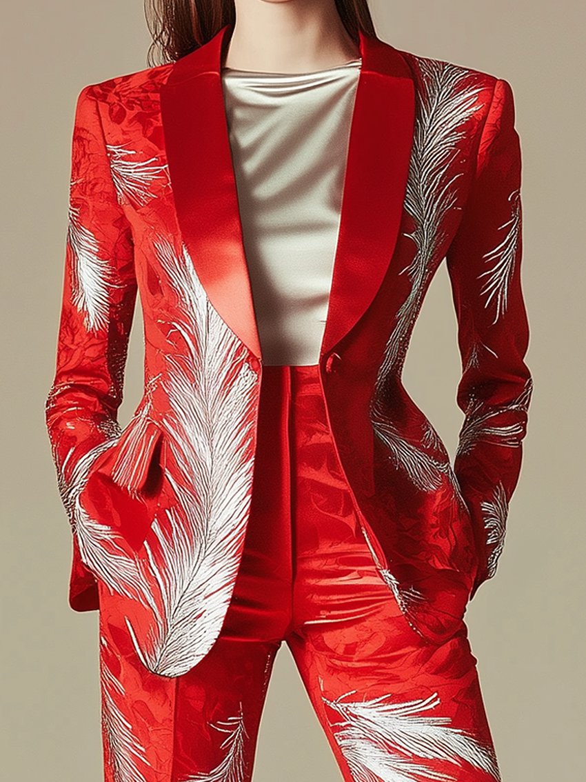 Red Satin Blazer With Silver Feather Print