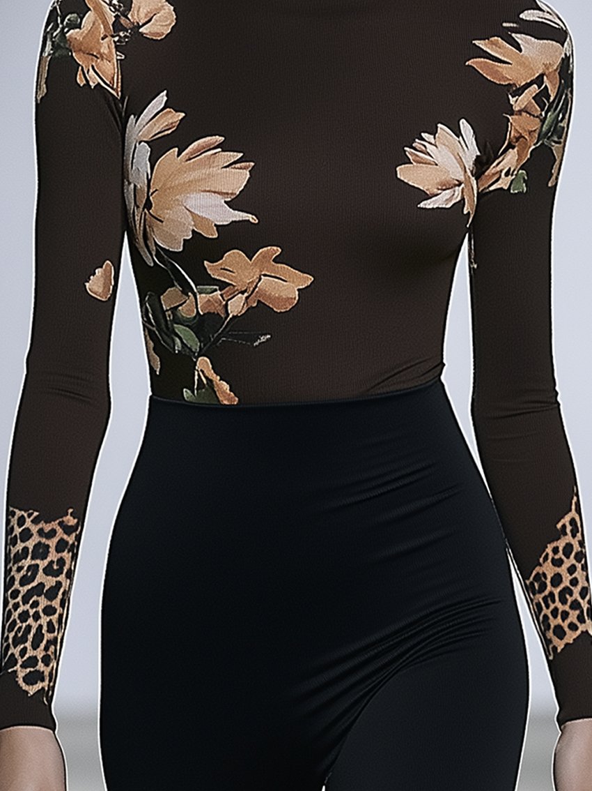 Brown Stretch-tight T-shirt With Leopard And Floral Print