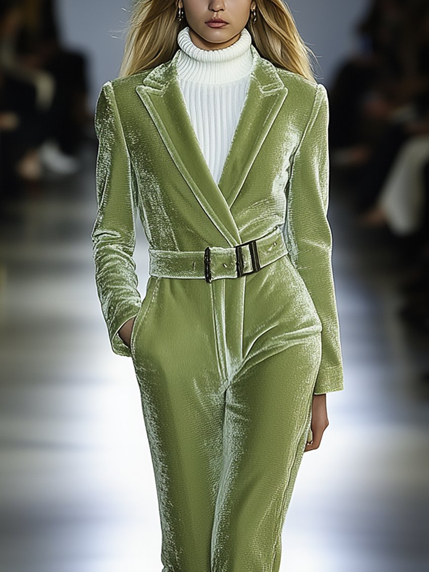 Light Green Velvet Jumpsuit With Belt