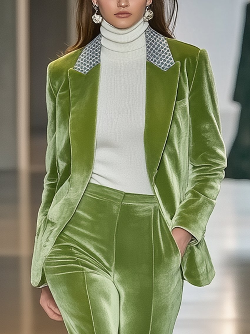 Apple Green Velvet Blazer With Pieced Collar