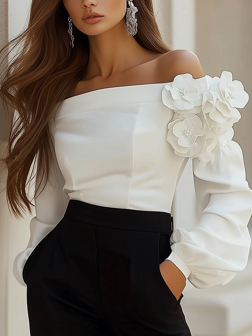 Off-the-shoulder White Shirt With 3D Flowers