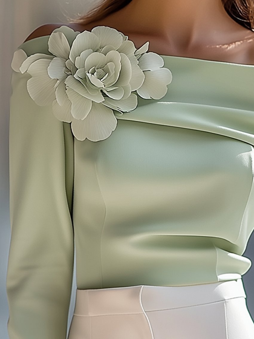 Light Green Off-The-Shoulder Shirt With 3D Flower Decoration