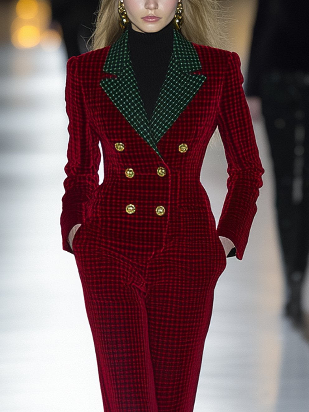 Red Velvet Jumpsuit With Dark Checkered Pattern