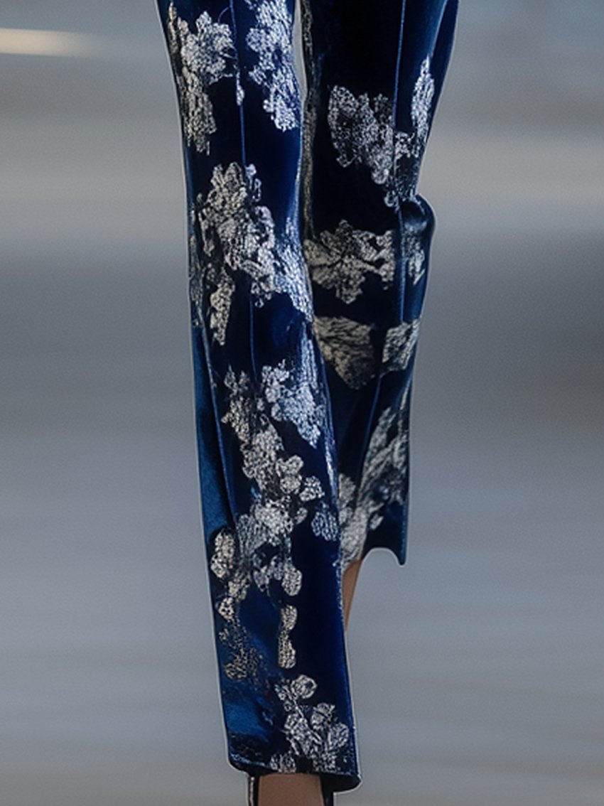 Dark Blue Velvet Pants With Floral Print