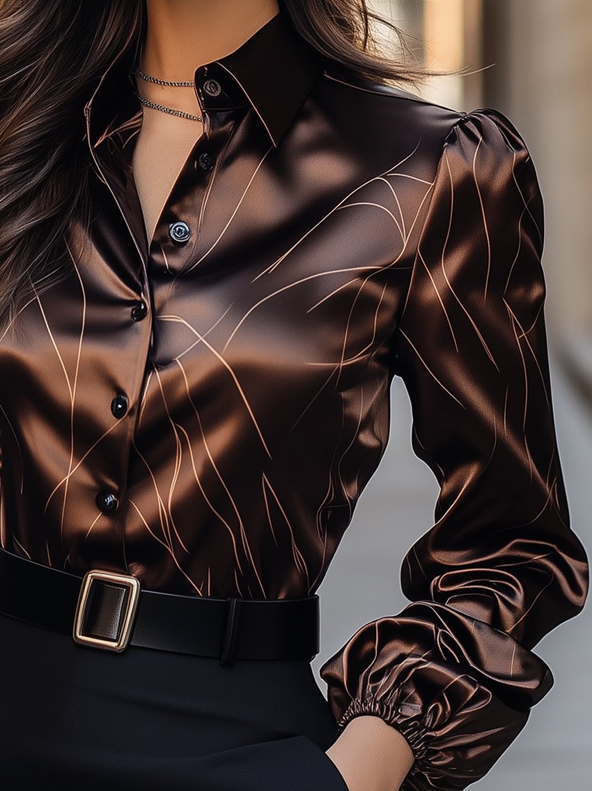 Brown Abstract Line Print Satin Blouse