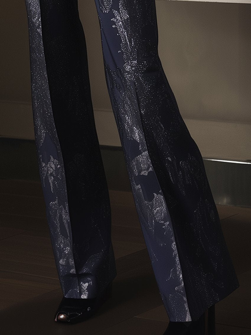 Navy Pants With Silver Dark Print