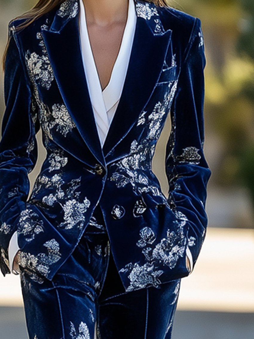 Dark Blue Velvet Blazer With Floral Print