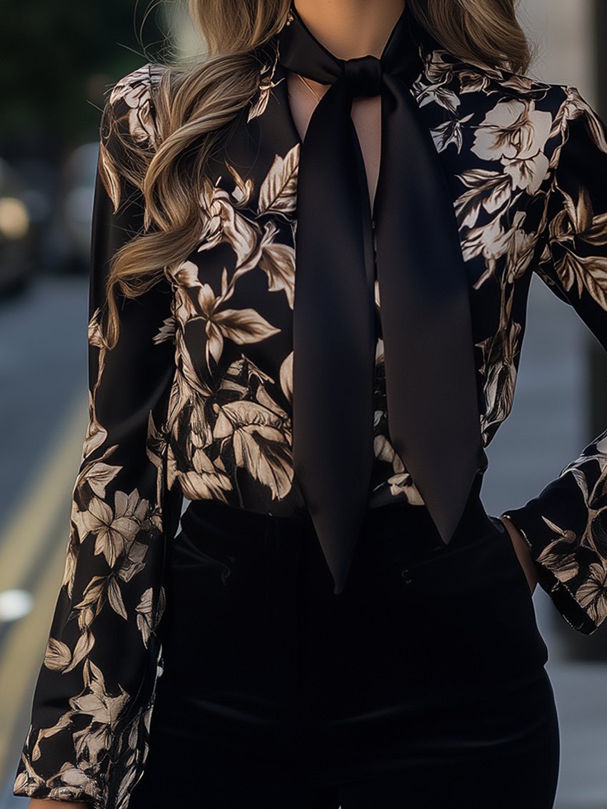 Black Floral-Print Ribbon Blouse