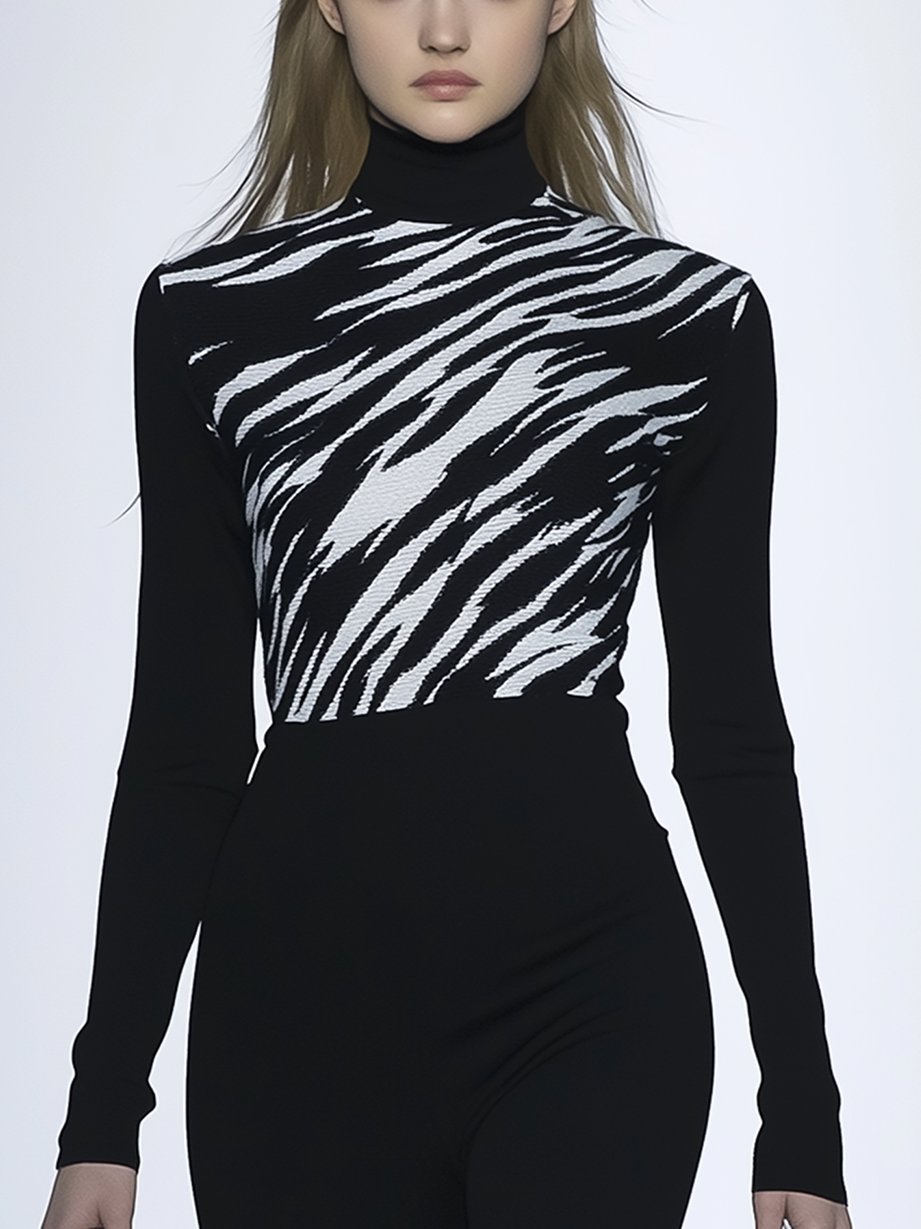 Black Skinny High Neck Tee With White Abstract Leopard Lines