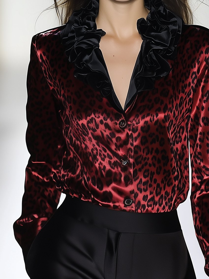 Dark Red Satin Leopard-Print Ruffle Neck Blouse