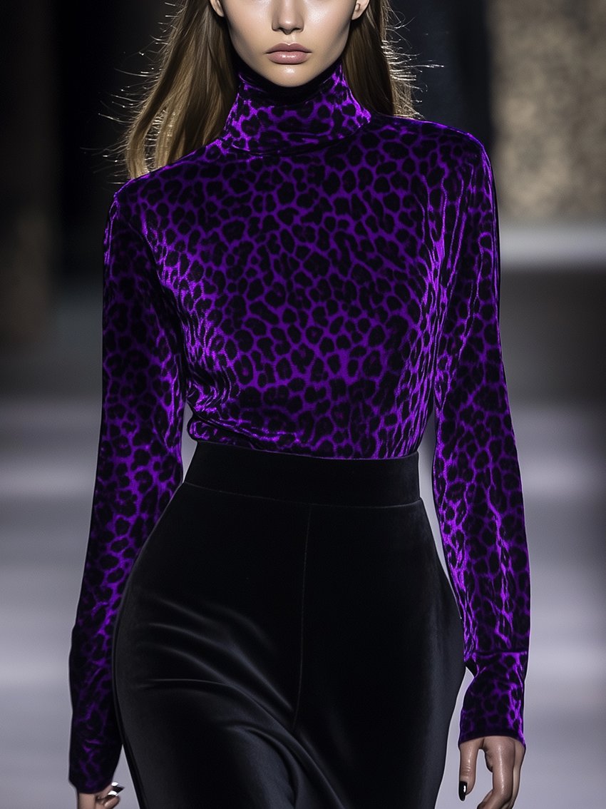 Purple Leopard Print Velvet High Collar Shirt