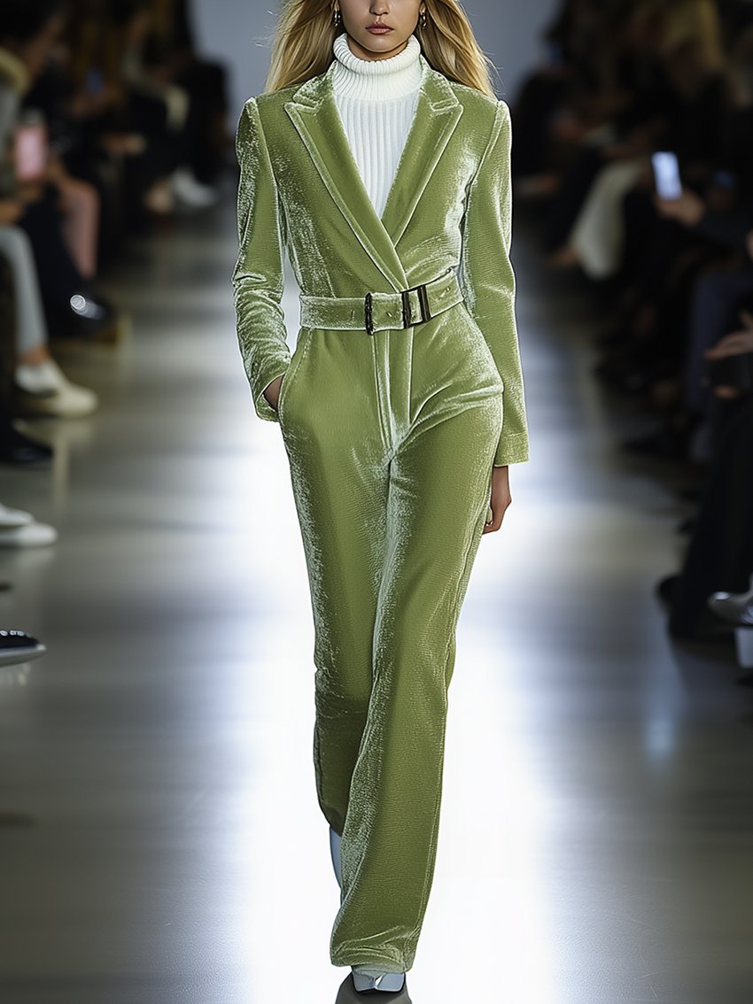 Light Green Velvet Jumpsuit With Belt