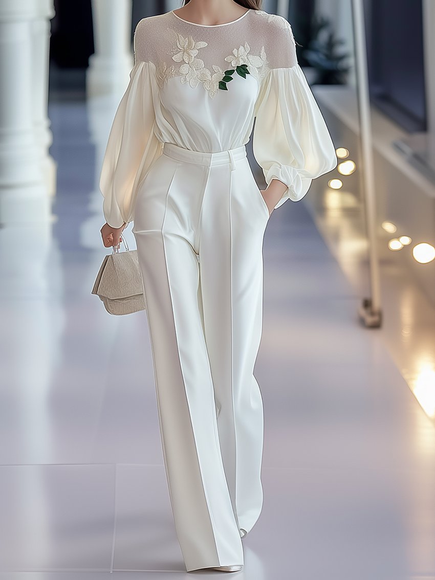 White Chiffon Suit With Elegant Flower Embroidery