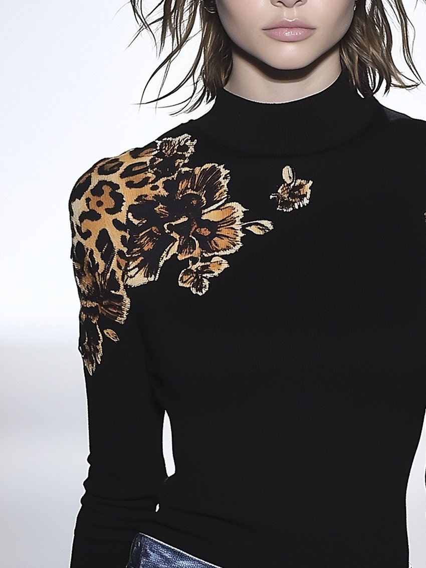 Black Stretch-tight T-shirt With Leopard Print Flowers On The Shoulder