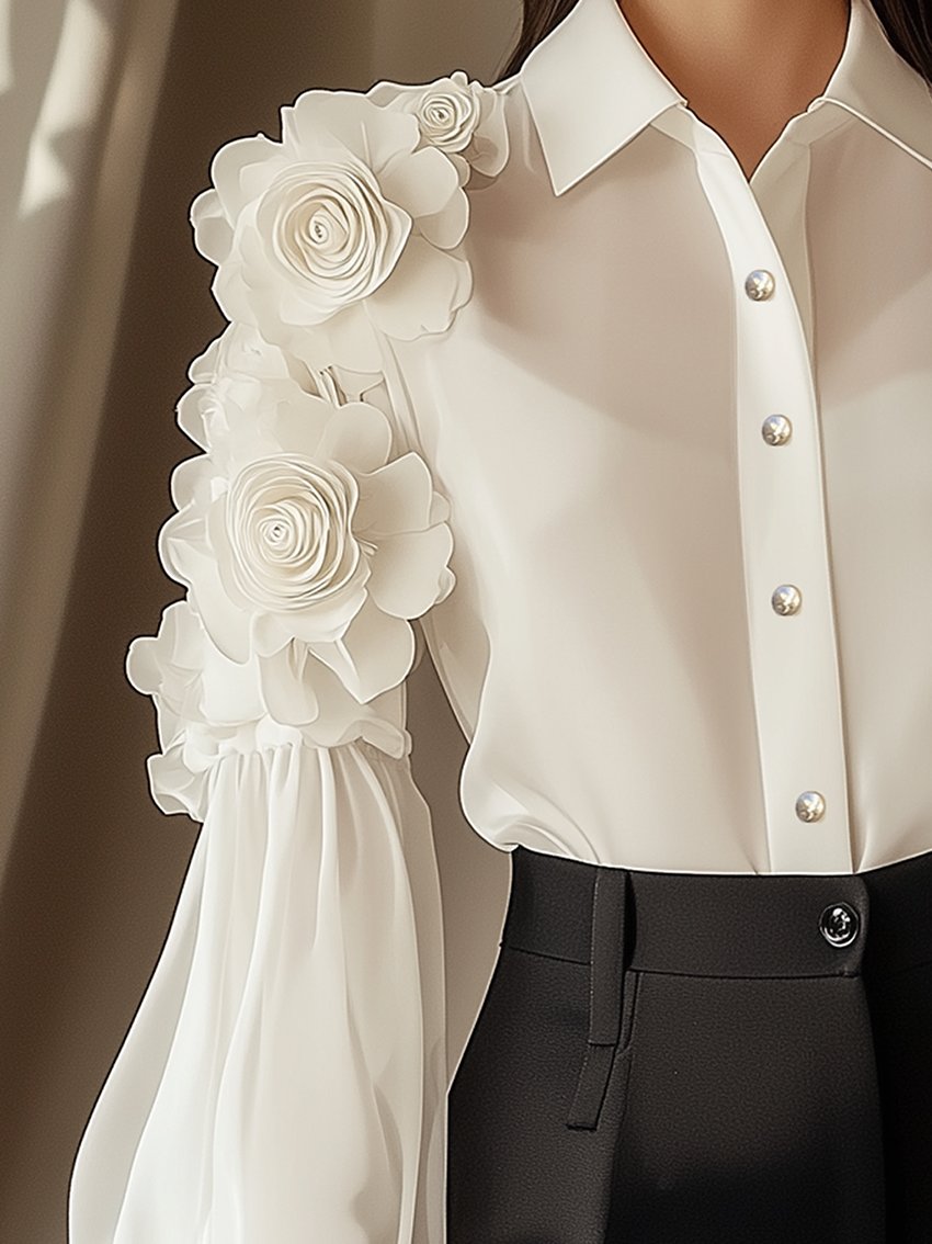 White Chiffon Blouse With 3D Flower Decoration On Sleeves