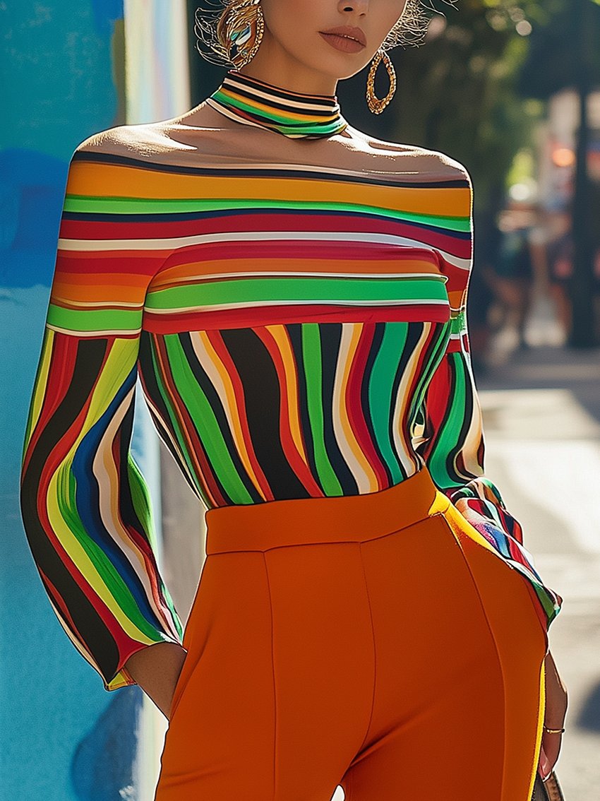 Off Shoulder Shirt With Colorful Lines