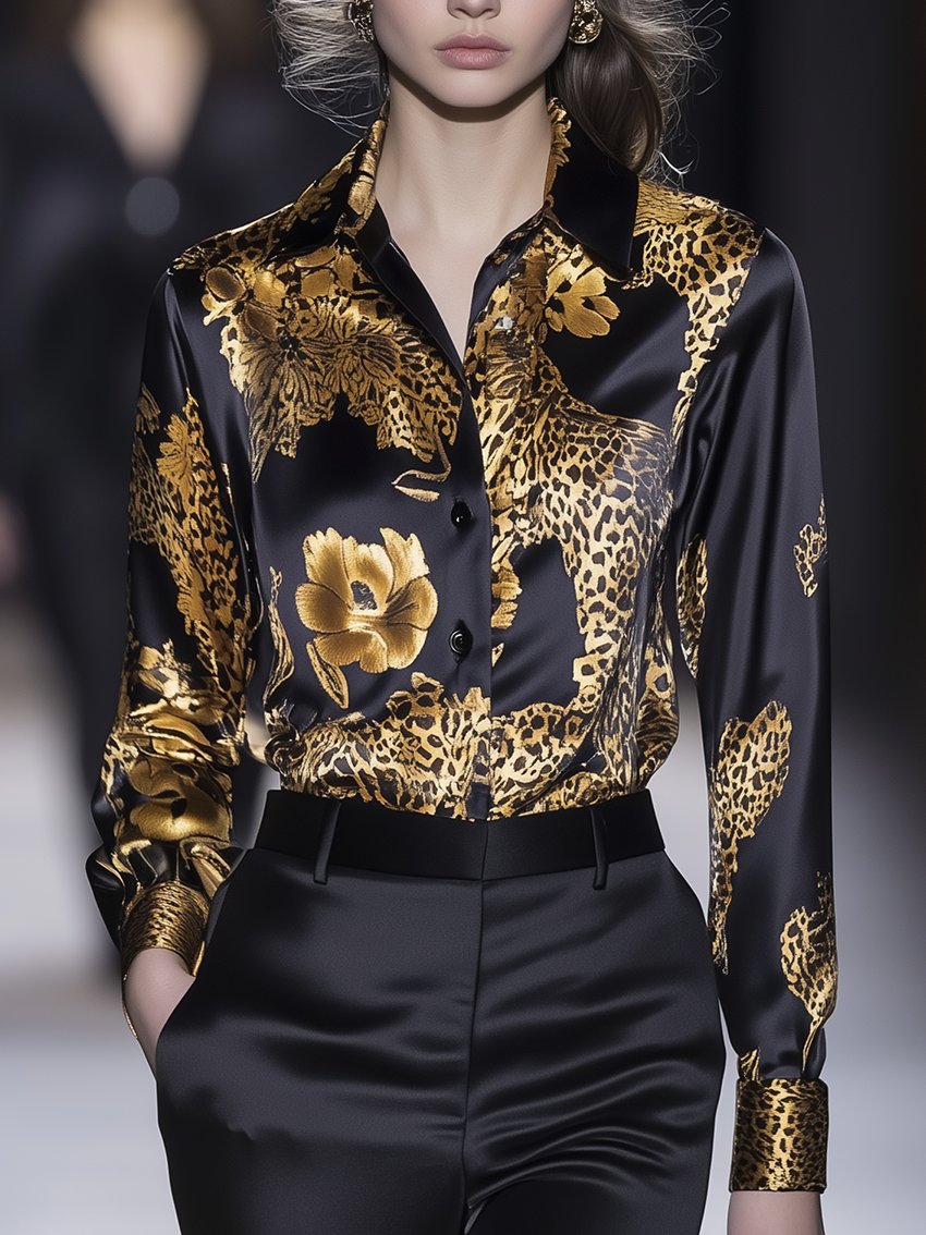 Black Satin Blouse With Gold Leopard Floral Print