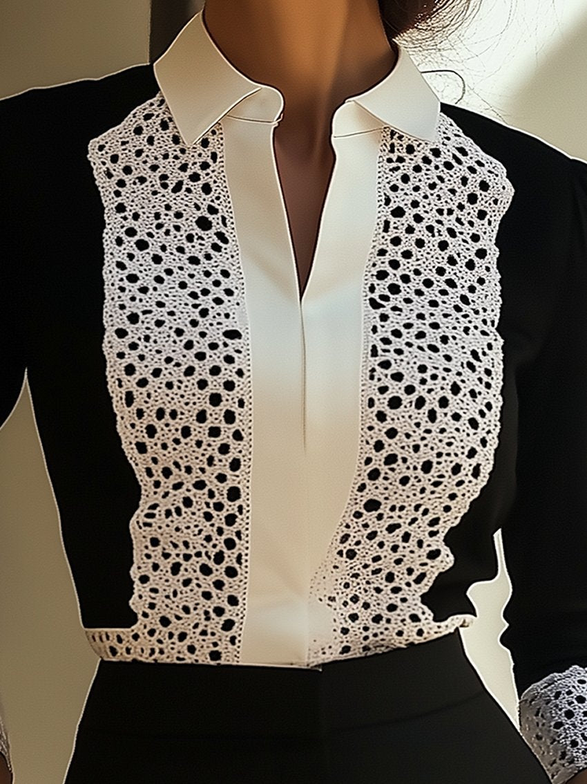 Lace Black And White Shirt With Lapel