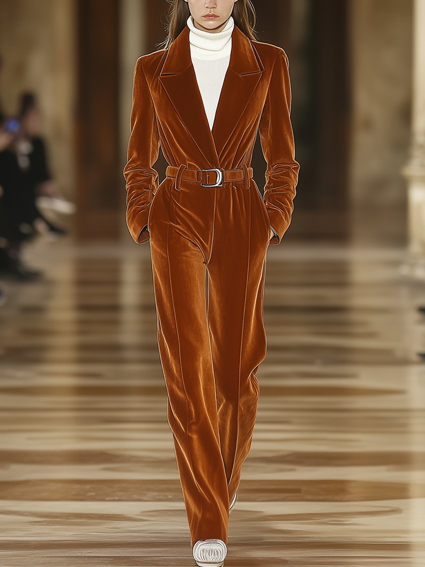 Dark Orange Velvet Jumpsuit With Belt