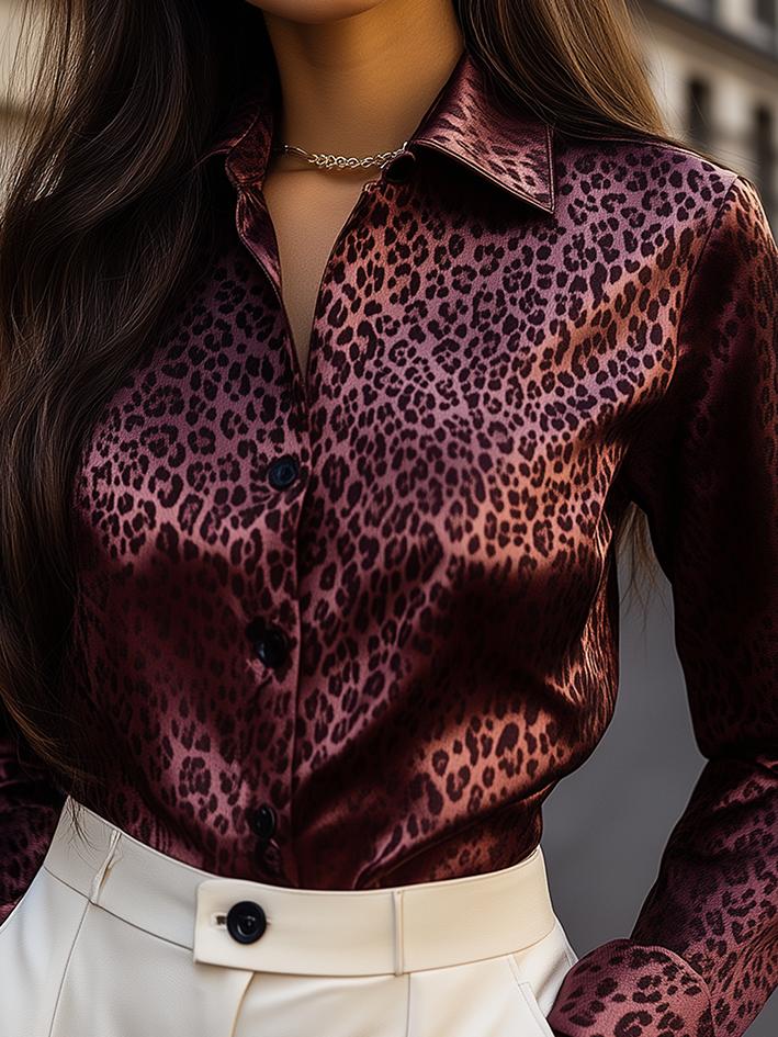 Dark Red Leopard Print Satin Blouse