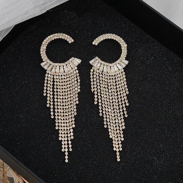 Long Tassel Rhinestone Drop Earrings