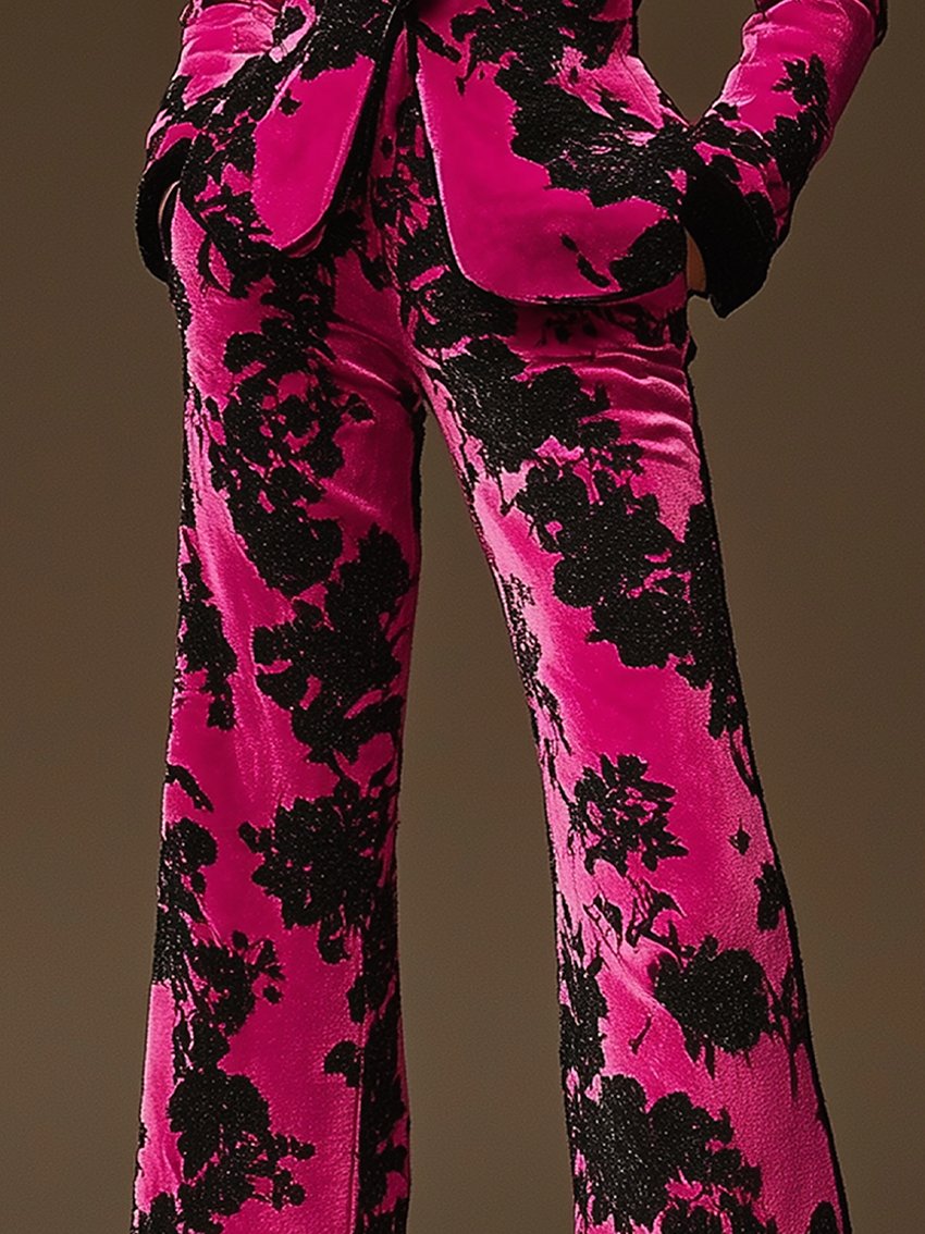 Barbie Pink Velvet Pants With Black Collar Black Flower Print