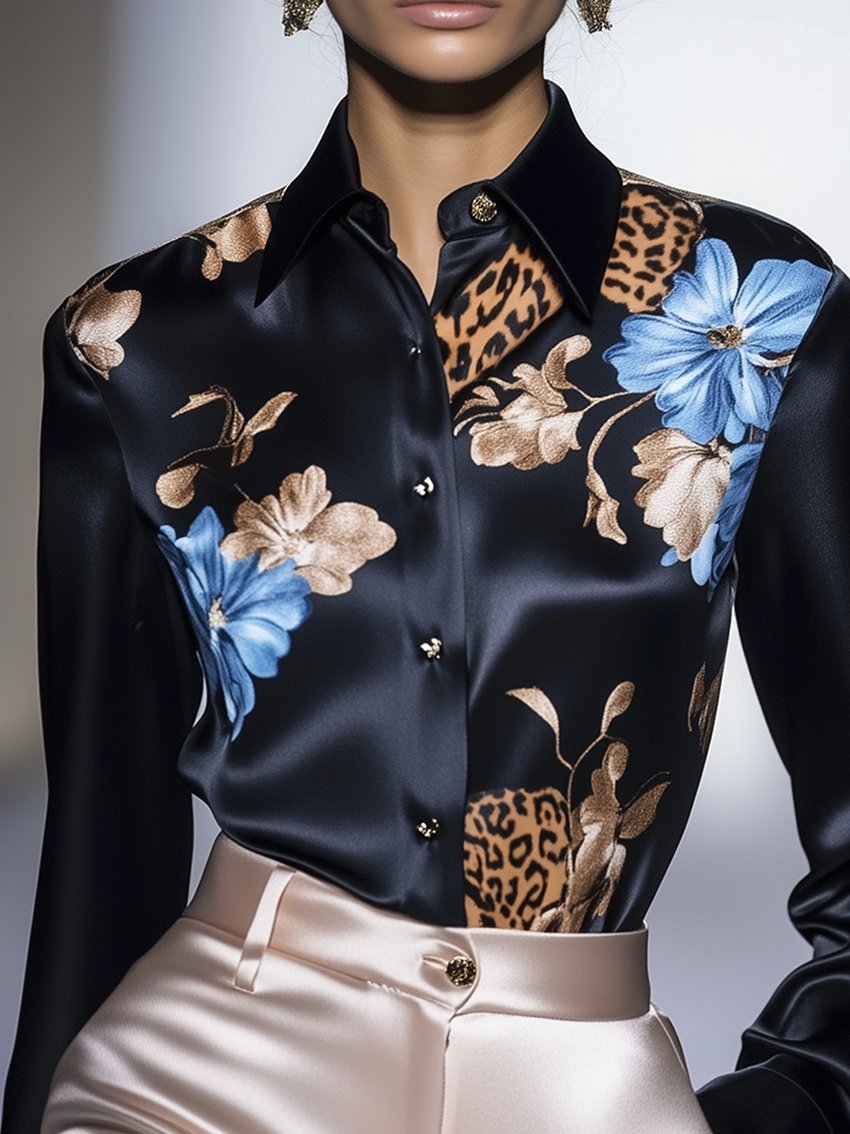 Black Satin Blouse With Sky Blue Flowers And Leopard Print