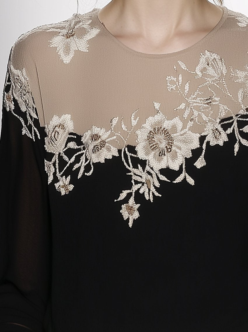 Elegant Black Floral Embroidered Patchwork Shirt