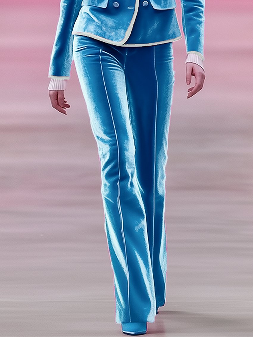 Sky Blue Velvet Pants With White Trim