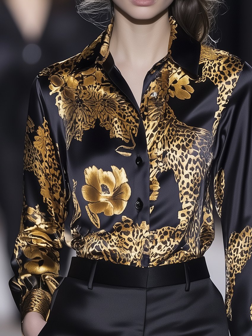 Black Satin Blouse With Gold Leopard Floral Print