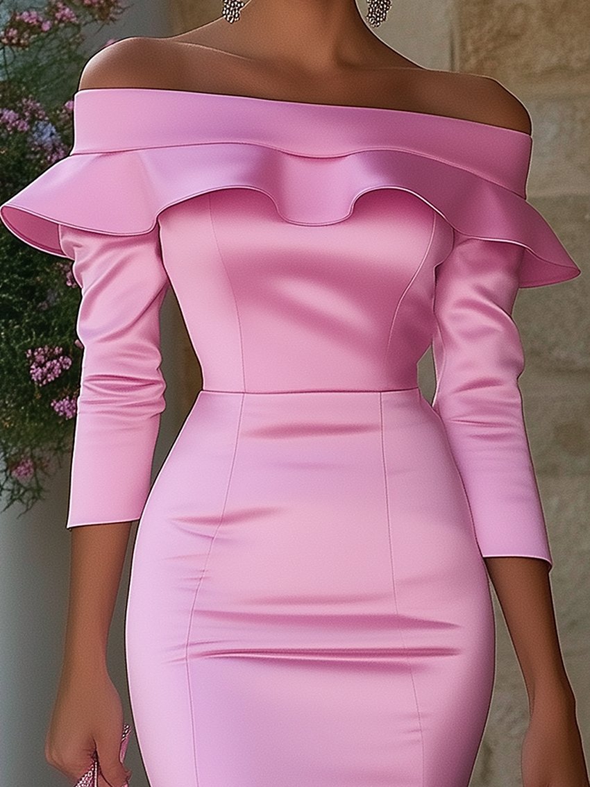 Off-shoulder Pink Satin Midi Pencil Dress With Ruffled Trim