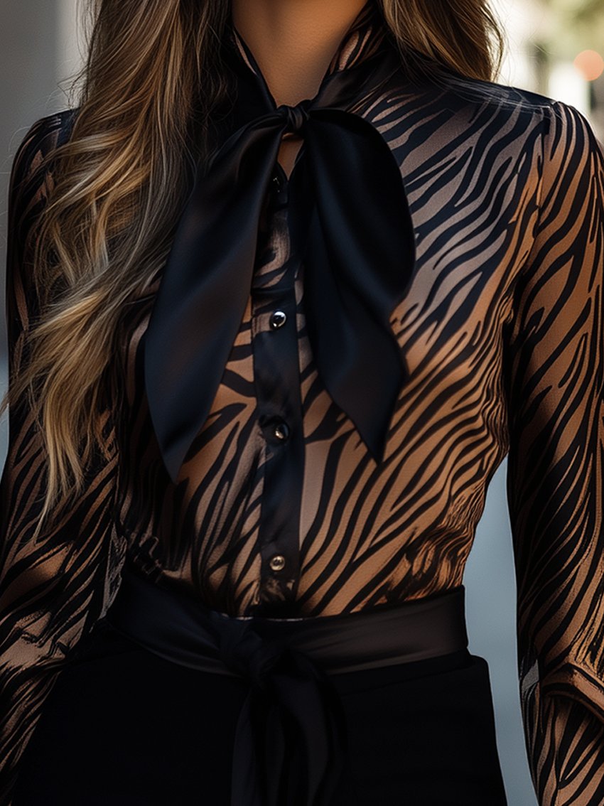 Champagne Zebra Print Ribbon Blouse