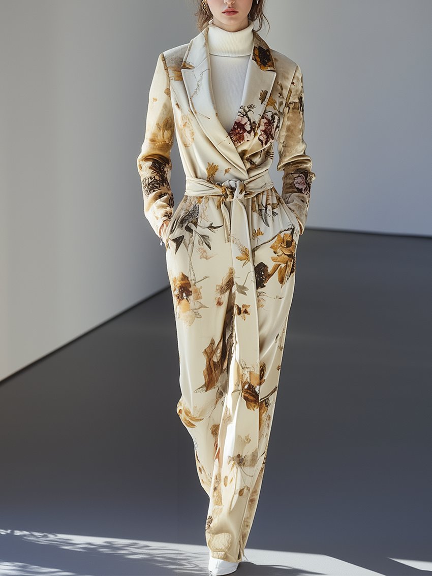 Cream Velvet Jumpsuit With Belt And Elegant Floral Print