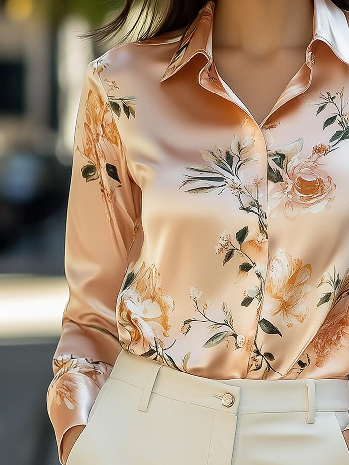 Champagne Elegant Floral Print Satin Blouse