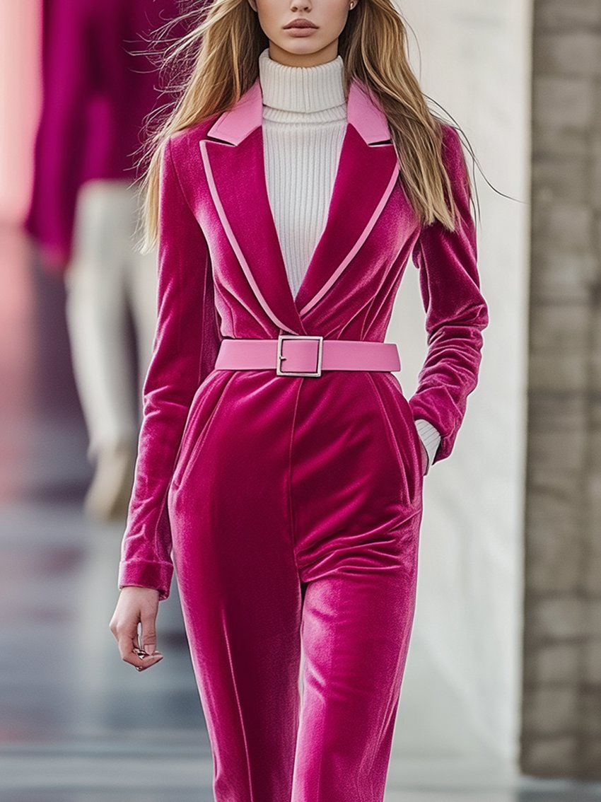 Barbie Pink Velvet Jumpsuit With Stitching Collar And Belt