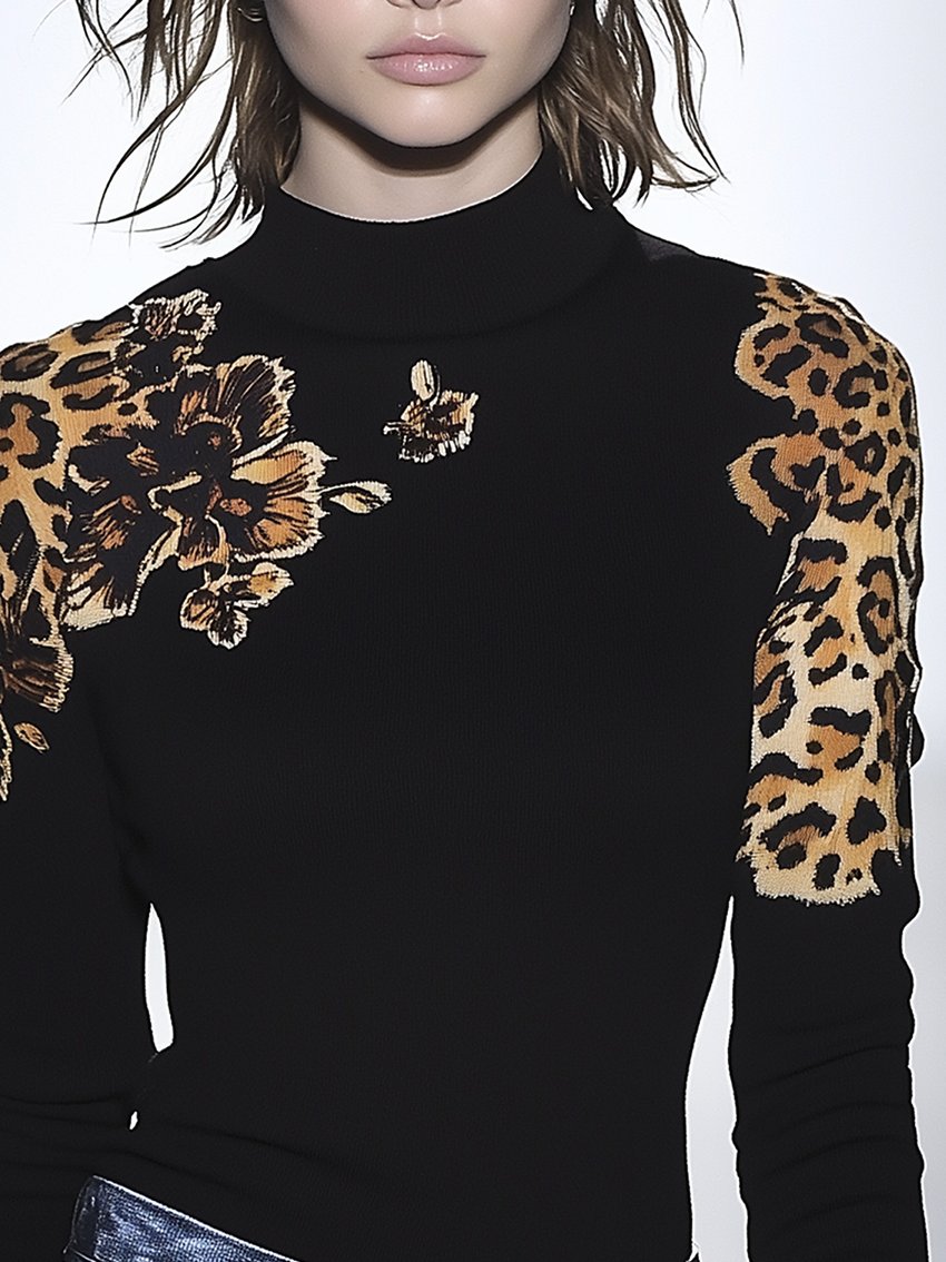 Black Stretch-tight T-shirt With Leopard Print Flowers On The Shoulder