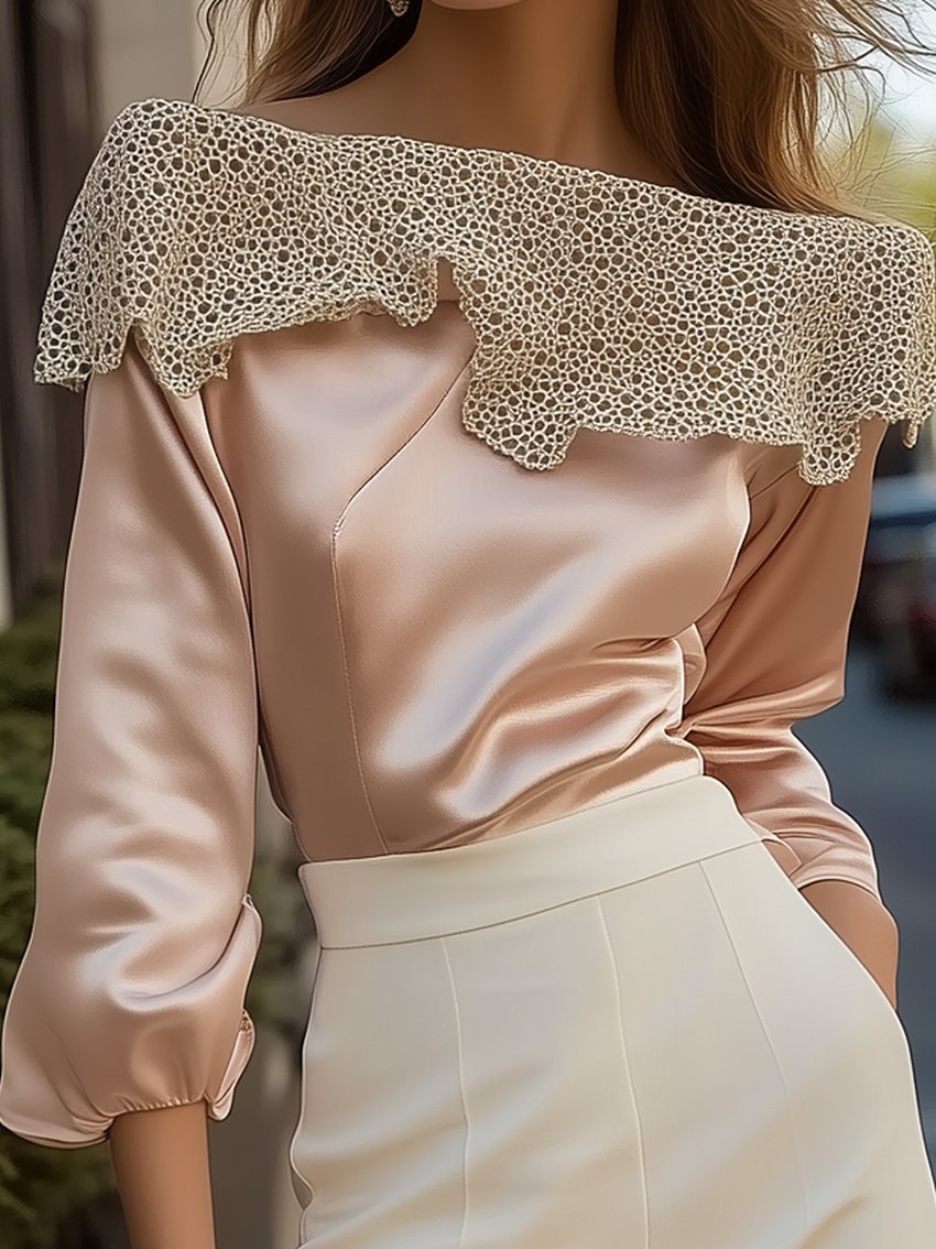 Pink Satin Shirt With Stitching Mesh Neckline