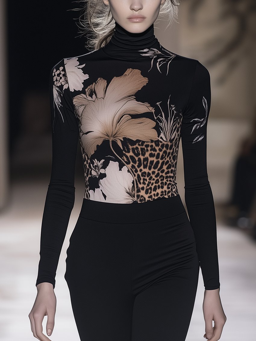 Black Stretch-tight T-shirt With Beige Leopard Print Flowers