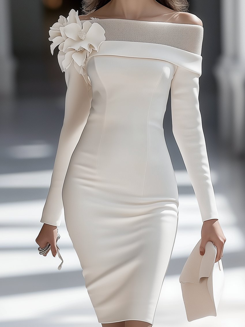 Off-the-shoulder White Midi Pencil Dress With Mesh Decoration And 3D Flowers