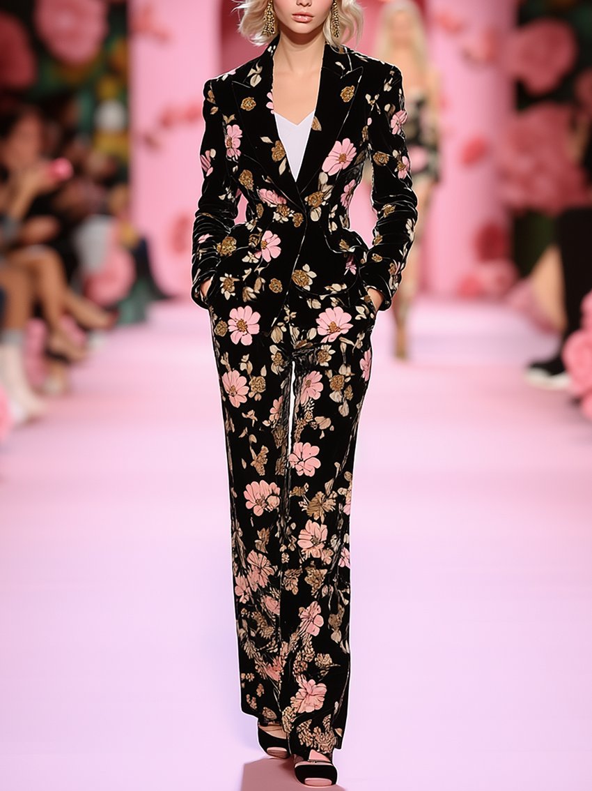 Black Velvet Jumpsuit With Pink Flower Print