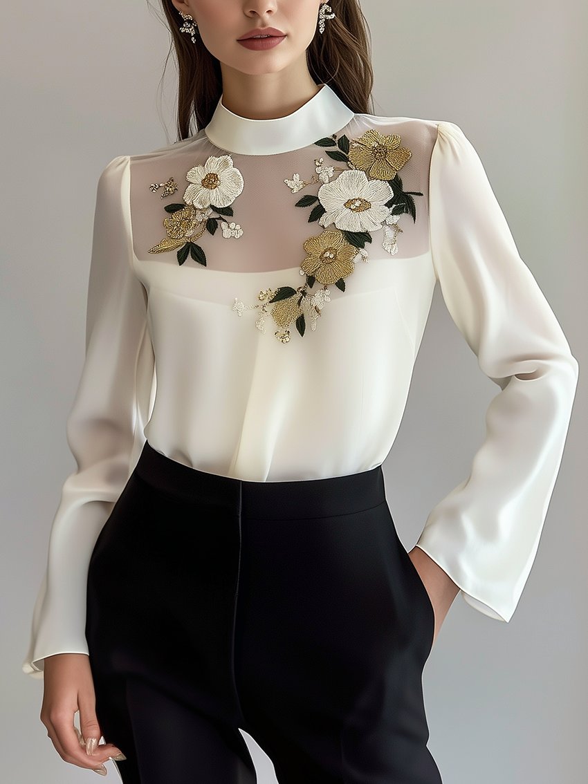 High Collar Mesh Collar White Shirt With Flower Embroidery