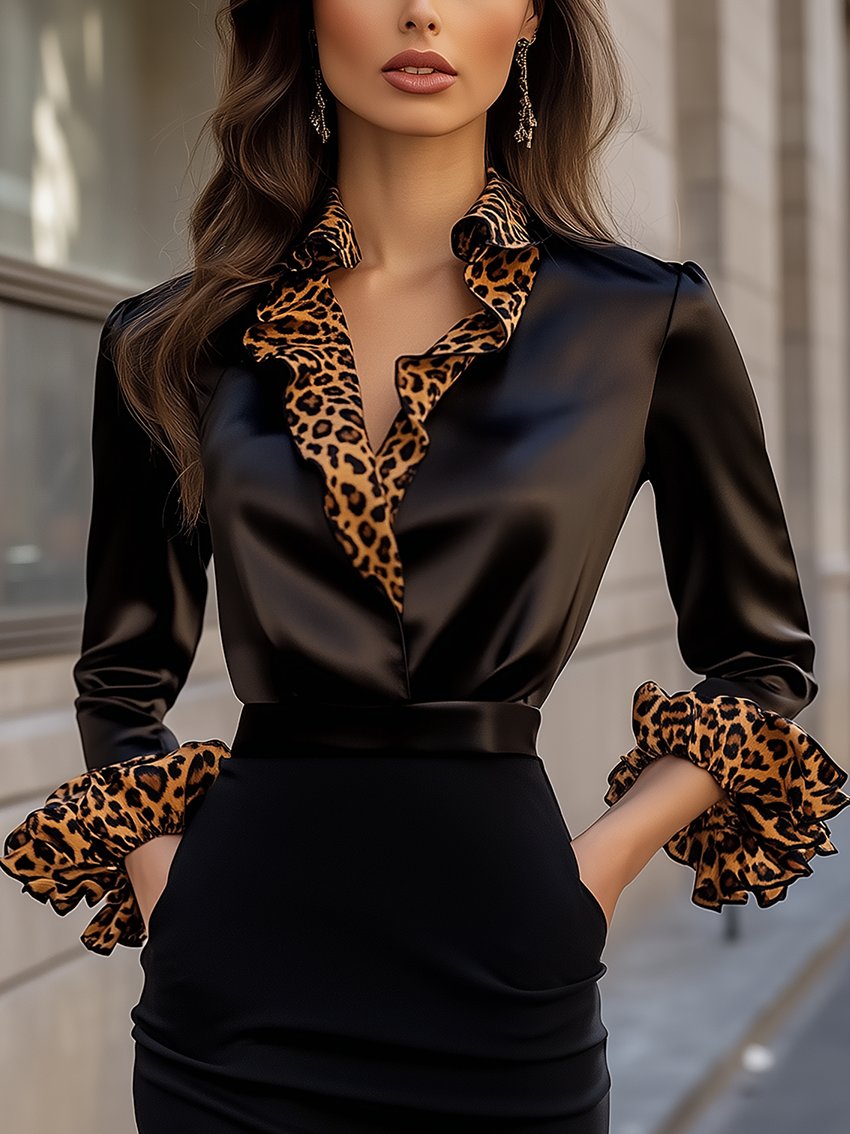 Black Satin Shirt With V-Neck Ruffled Cuff Neck