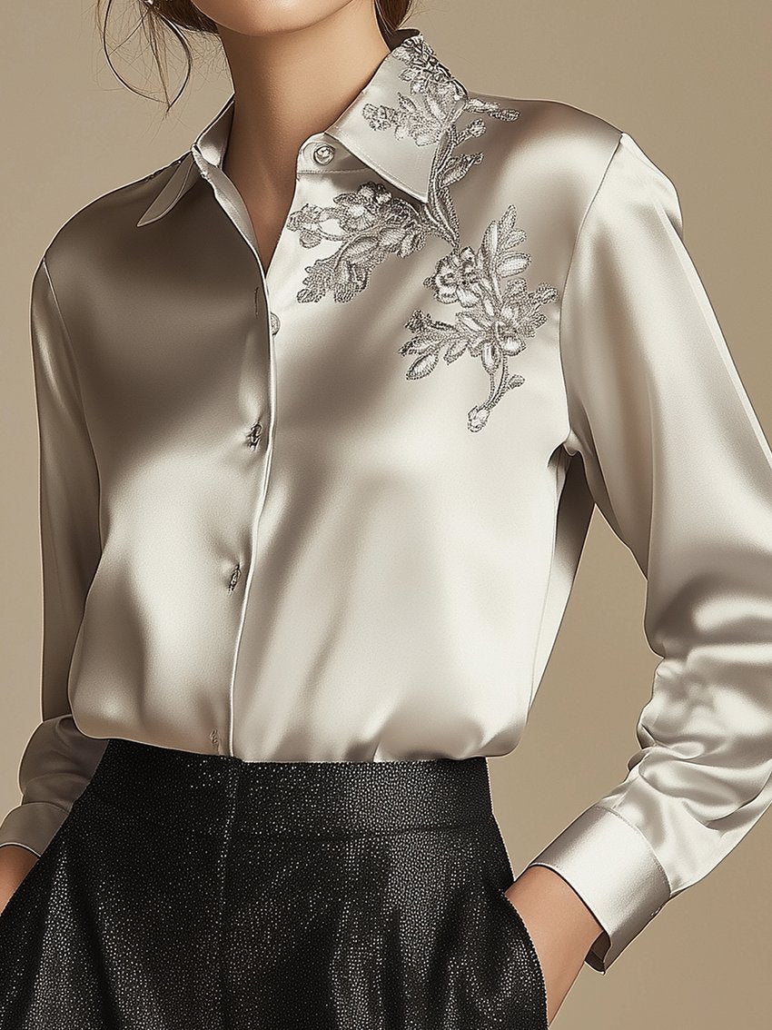 Light Gray Blouse With Plant Embroidery