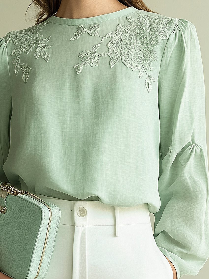 Crewneck Mint Green Embroidered Shirt