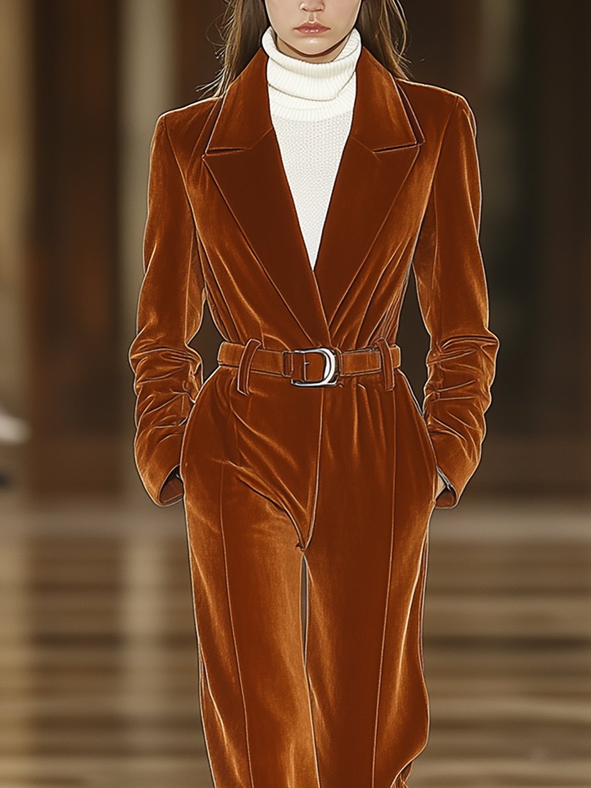 Dark Orange Velvet Jumpsuit With Belt