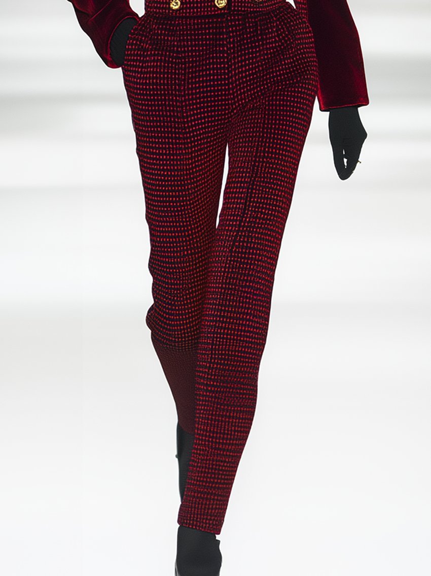 Red Velvet Jumpsuit With Check And Pocket